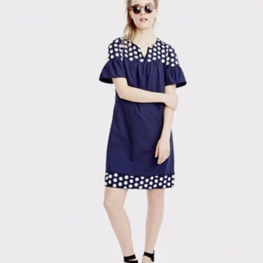 J.Crew Navy White fringe dot shirt dress size 6